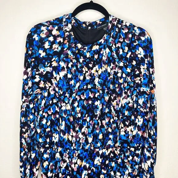 Maggy London Raglan Long Sleeve Crew Neck Blue Speckled Print Blouson Midi Dress - Picture 3 of 14